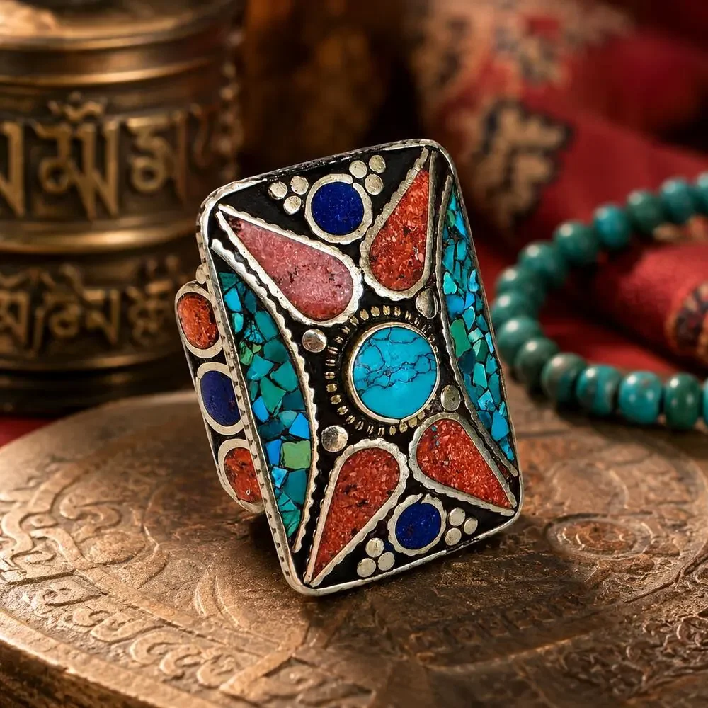 Vintage Tibetan Style Turquoise Coral Mosaic Statement Ring Size 8